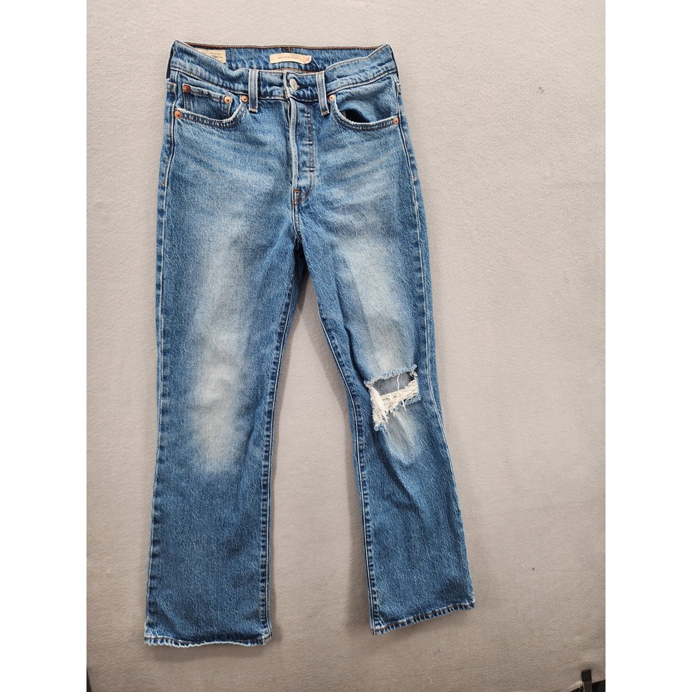 Levis Premium Wedgie Bootcut Jeans 26 Distressed High Rise Blue Button Fly Denim